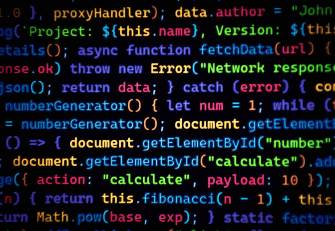 Colorful code scrolls across a dark background.